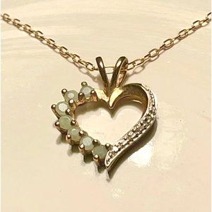 18” Gold Chain Open Heart Necklace w Light Jade Green Colored Stones Rhinestones
